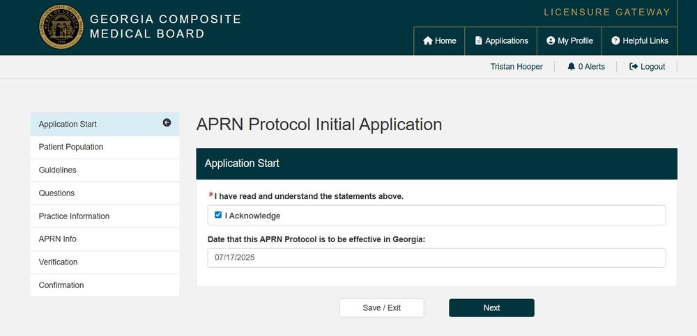 Application start aprn