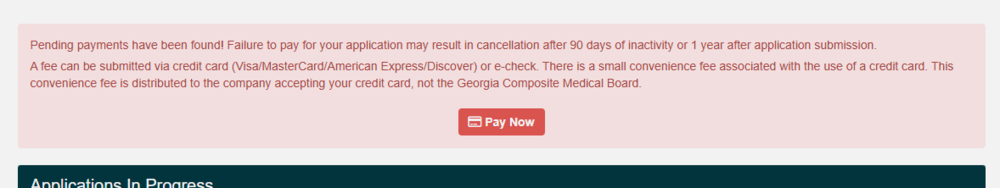 Photo of Gateway entry screen that has a notification that a payment is due.  There is a Red Pay now button under the wording and card. Clicking it allows you to pay. 