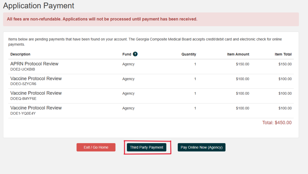 A screenshot of payments that can be paid. In the middle, there is button that says "Third Party Payment"
