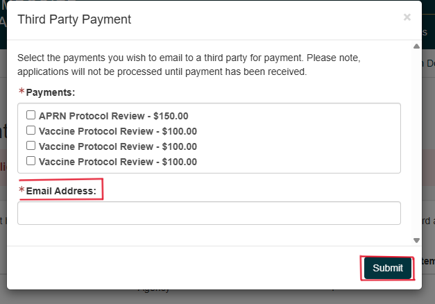 This shows a list of payments that can be sent over. under that it has a space for an email adress to go.